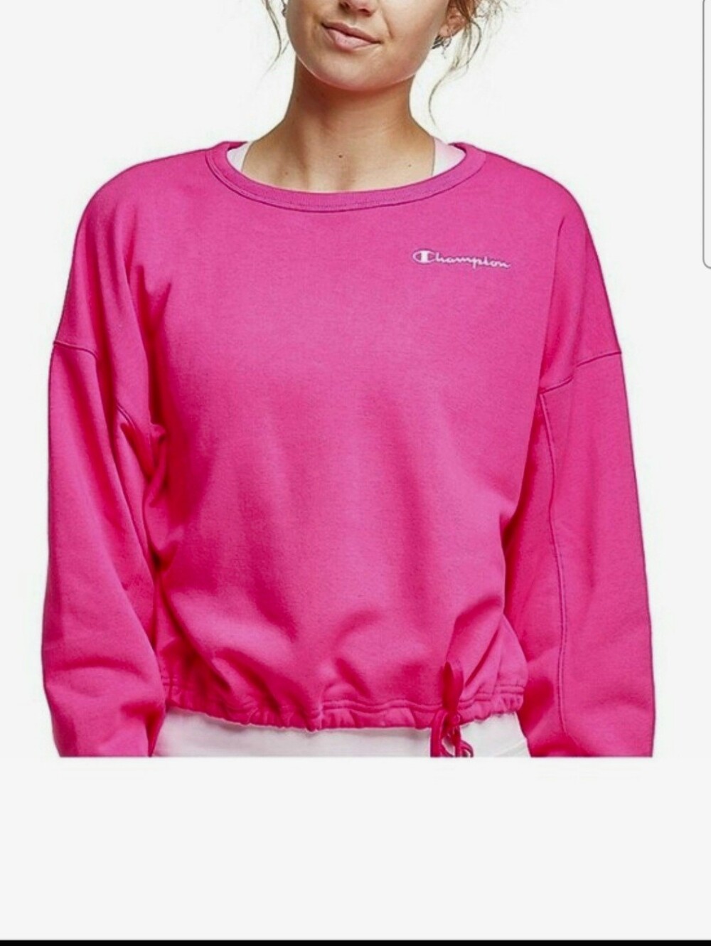 Champion Women Cropped Crewneck Sporty Sweatshirt Lightweight Cotton Pink Large